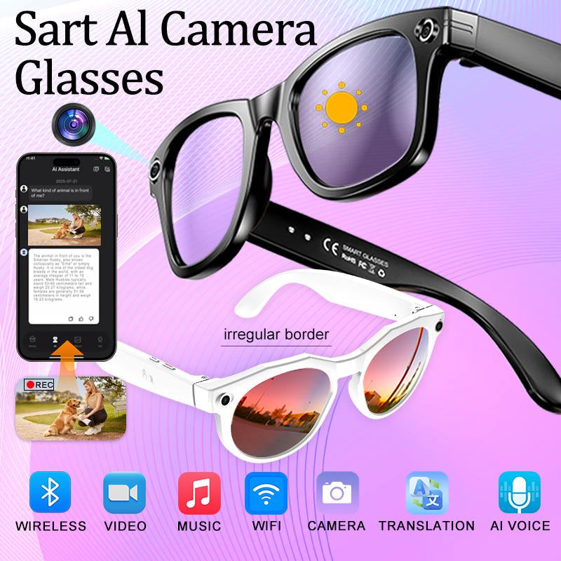 Smart AI Camera Glasses with 8MP Photochromic Lenses ,Button Touch Adjustment for Travel Outdoor Adventures Hands-Free Photography 160+Languages Real-Time Translation Bluetooth Wireless Wearable Video Recording UV Protection ,Valentine'S Day Gifts